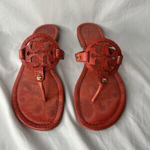 Tory Burch Miller Turquoise Red Croc Embossed Logo Sandals Sz 8.5 M